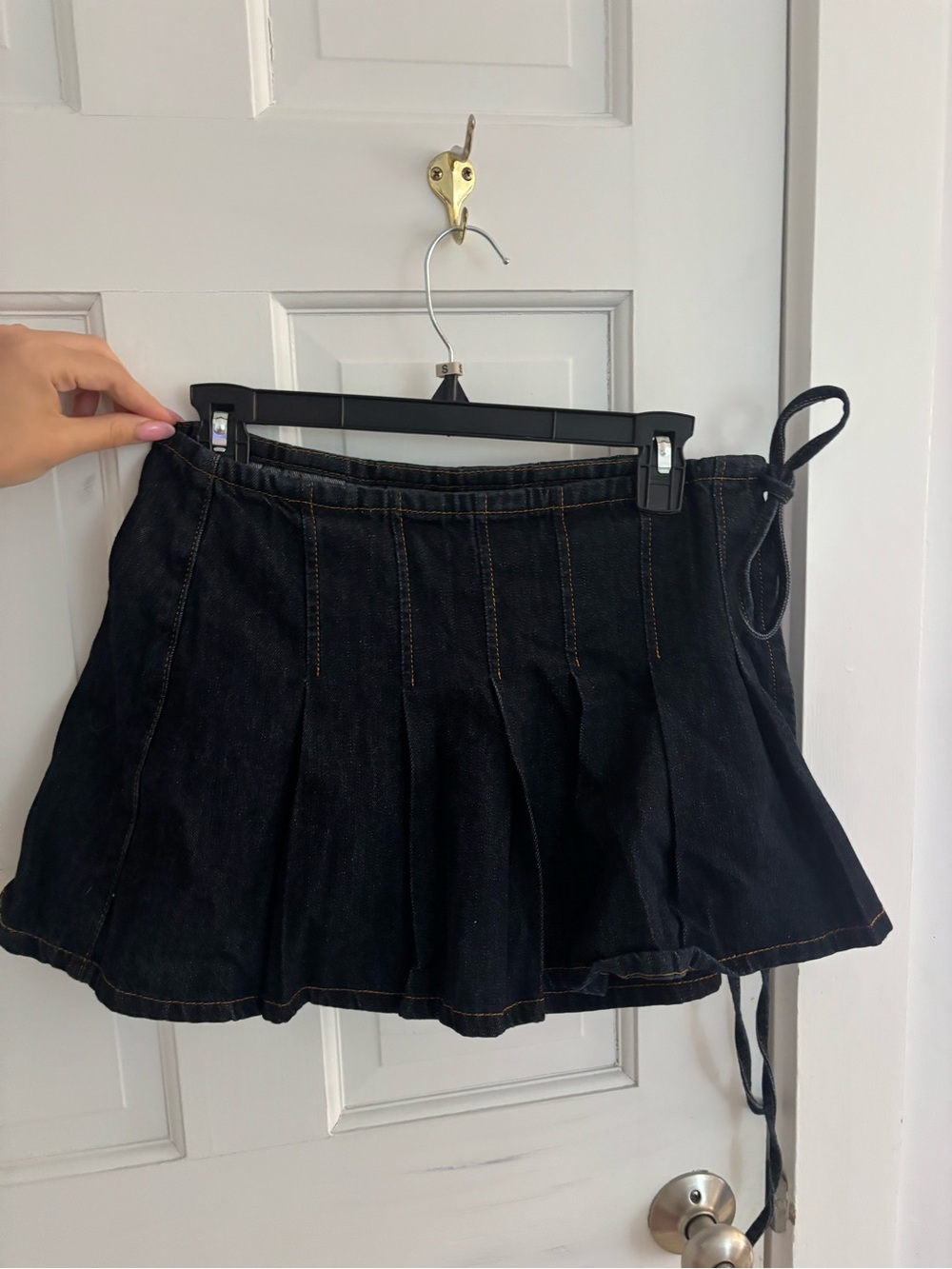 Navy Pleated Denim Mini Skirt